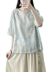 Fine Green Embroideried Button Silk Linen Top Half Sleeve