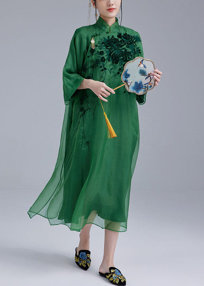 Fine Green Mandarin Collar Embroideried Tulle Silk A Line Dress Bracelet Sleeve