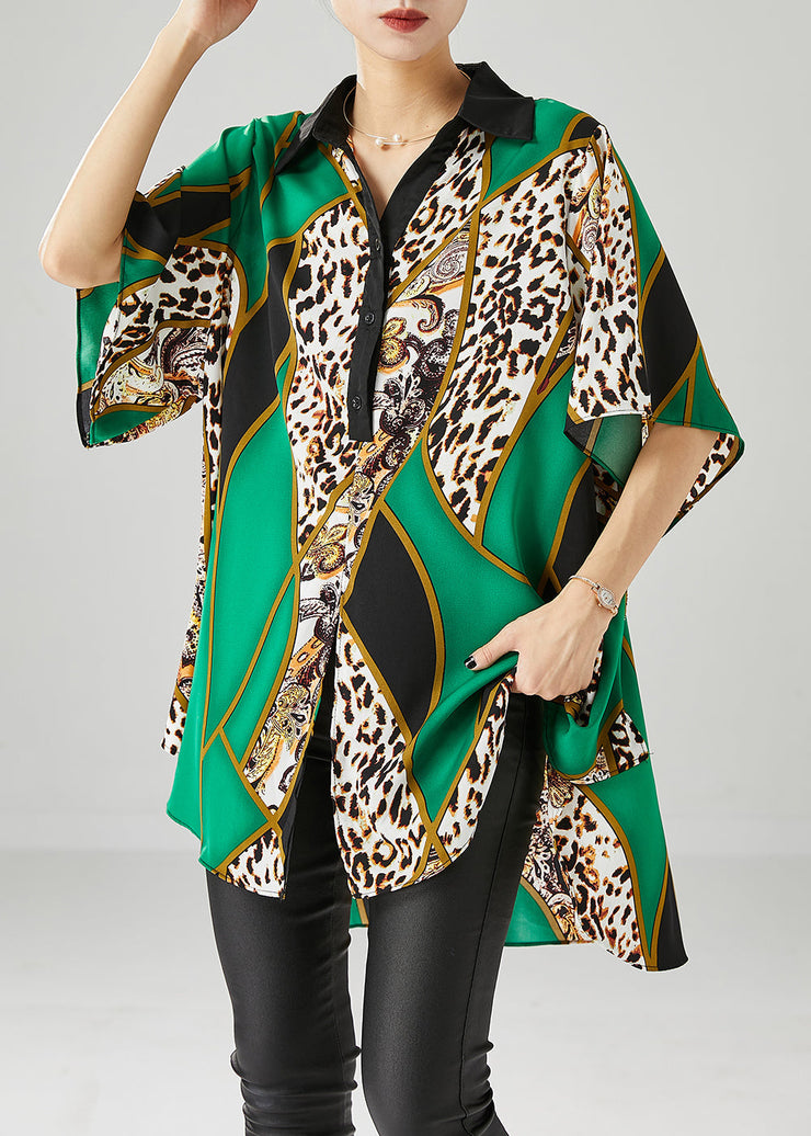 Fine Green Oversized Leopard Print Chiffon Shirts Summer