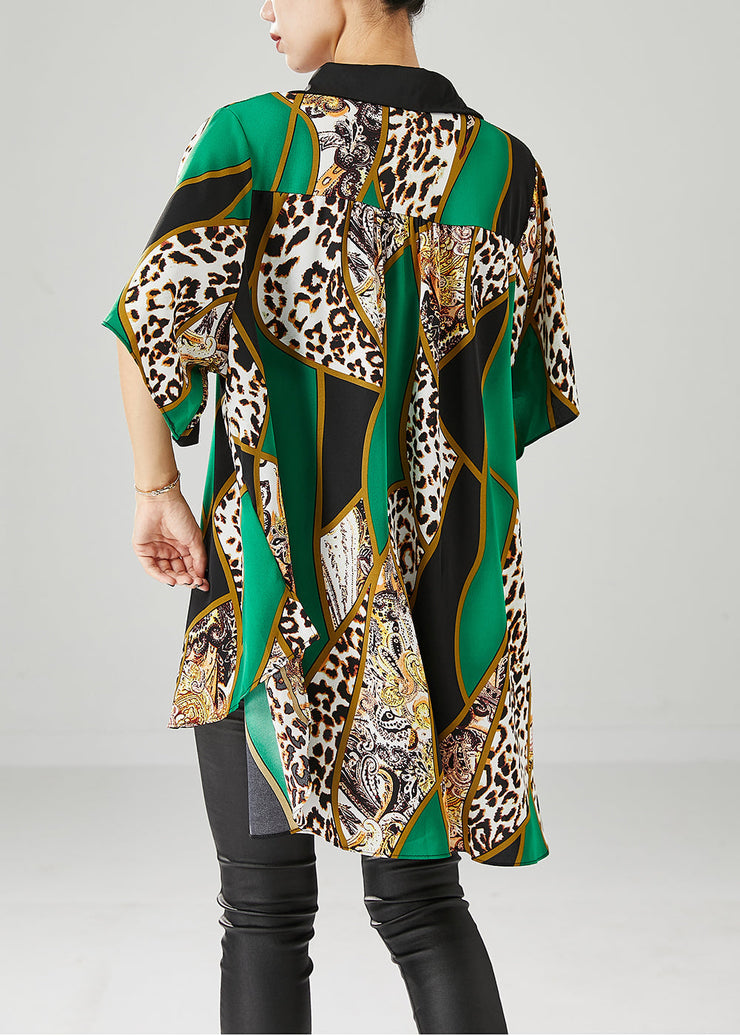 Fine Green Oversized Leopard Print Chiffon Shirts Summer