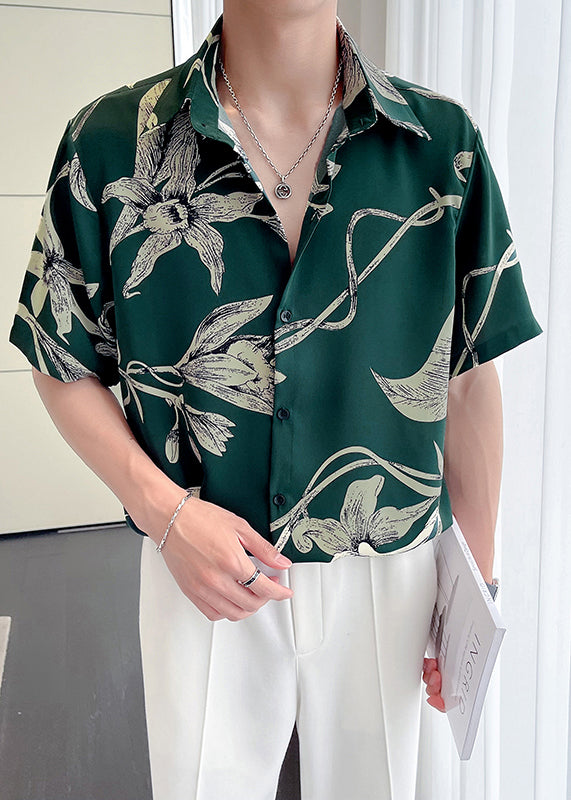 Fine Green Peter Pan Collar Print Loose Men Hawaiian Shirts Summer