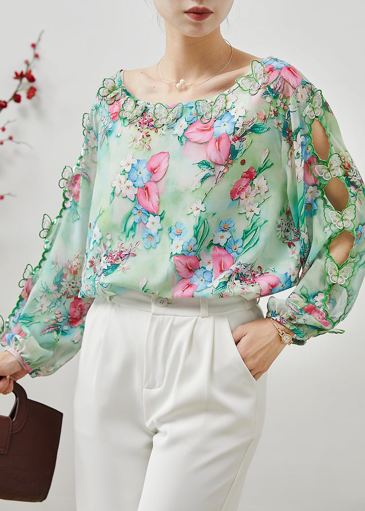 Fine Green Print Butterfly Hollow Out Silk Shirts Summer