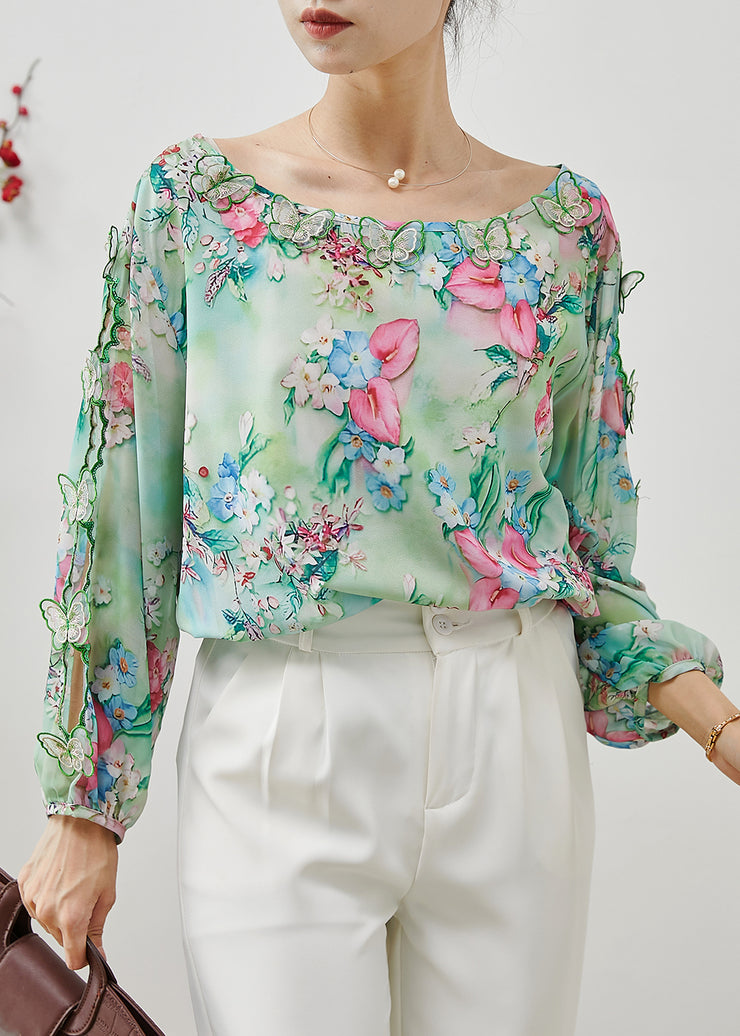 Fine Green Print Butterfly Hollow Out Silk Shirts Summer