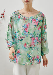 Fine Green Print Butterfly Hollow Out Silk Shirts Summer