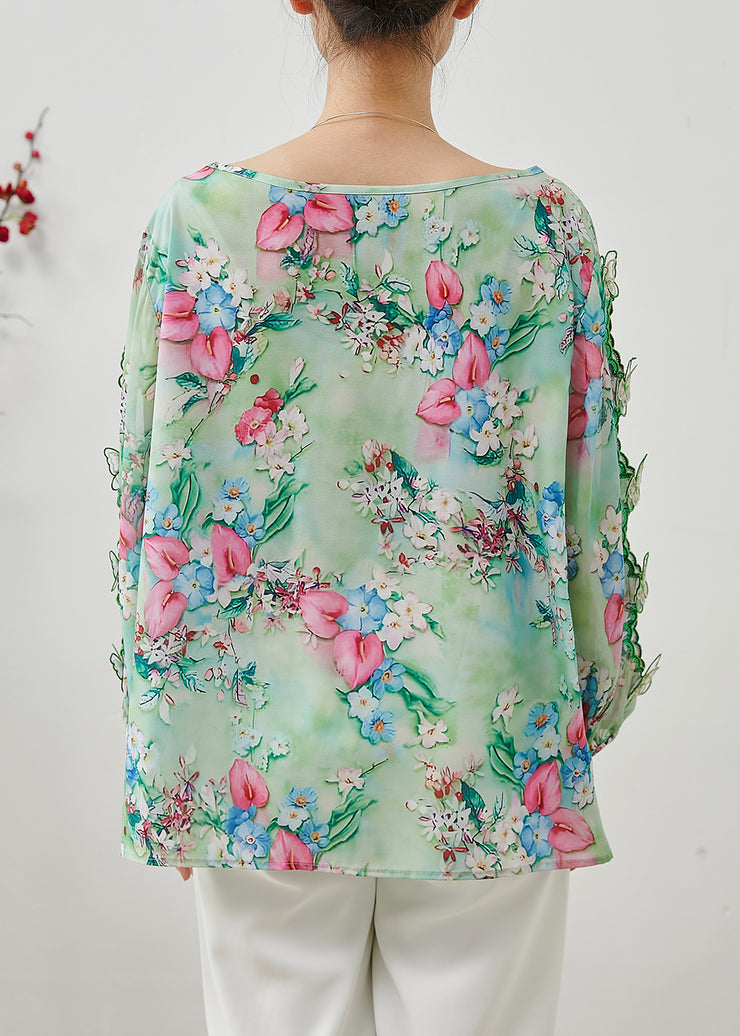 Fine Green Print Butterfly Hollow Out Silk Shirts Summer