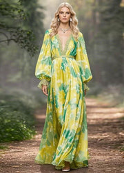 Fine Green Print High Waist Chiffon Maxi Dresses Flare Sleeve