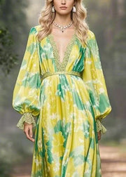 Fine Green Print High Waist Chiffon Maxi Dresses Flare Sleeve