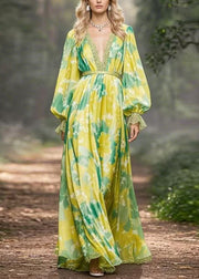 Fine Green Print High Waist Chiffon Maxi Dresses Flare Sleeve