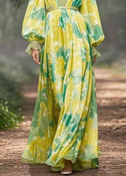 Fine Green Print High Waist Chiffon Maxi Dresses Flare Sleeve