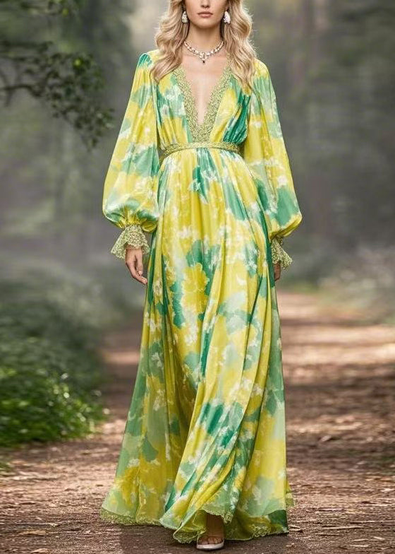 Fine Green Print High Waist Chiffon Maxi Dresses Flare Sleeve