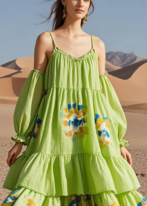 Fine Green Puff Sleeve Print Cotton Beach Dress Summer