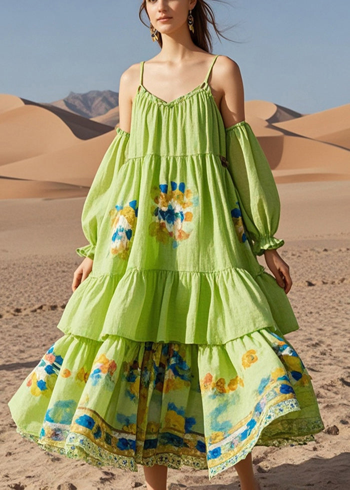 Fine Green Puff Sleeve Print Cotton Beach Dress Summer