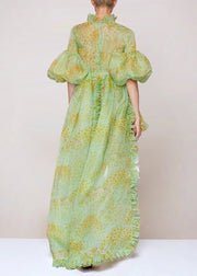 Fine Green Ruffled Print Low High Design Silk Dress Lantern Sleeve