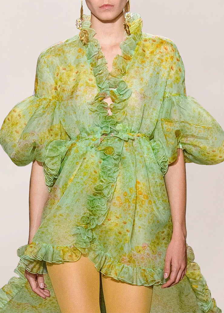 Fine Green Ruffled Print Low High Design Silk Dress Lantern Sleeve