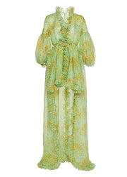 Fine Green Ruffled Print Low High Design Silk Dress Lantern Sleeve