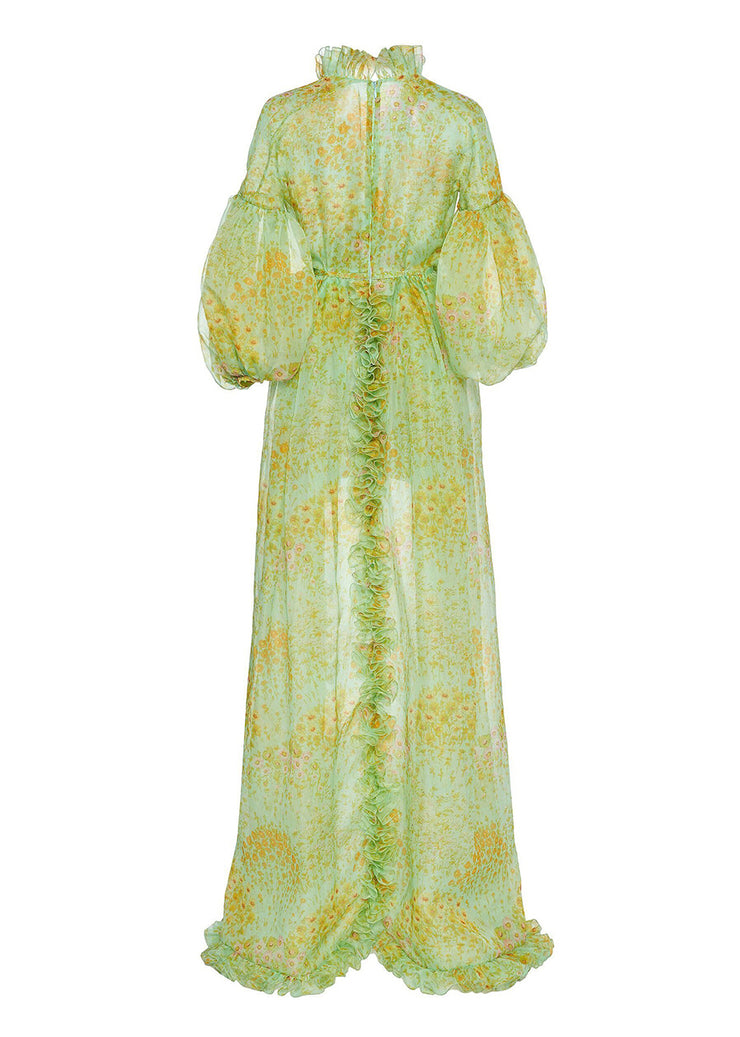 Fine Green Ruffled Print Low High Design Silk Dress Lantern Sleeve