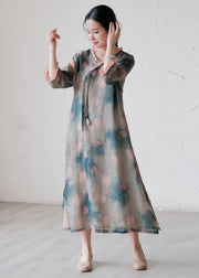 Fine Green Ruffled Tasseled Print Patchwork Linen Dress Summer