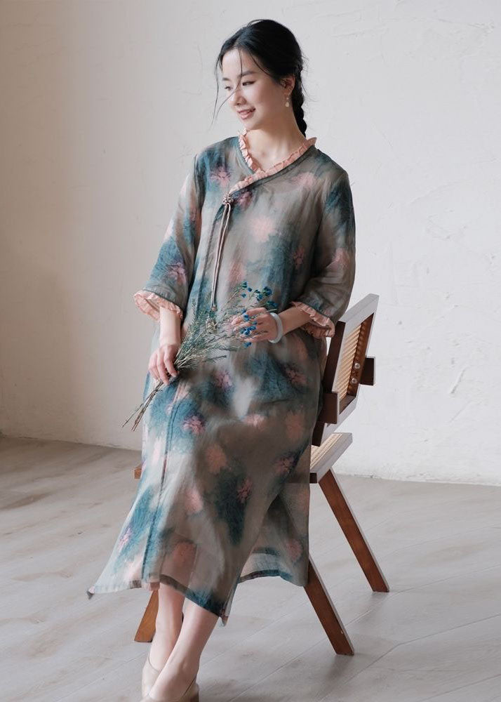 Fine Green Ruffled Tasseled Print Patchwork Linen Dress Summer