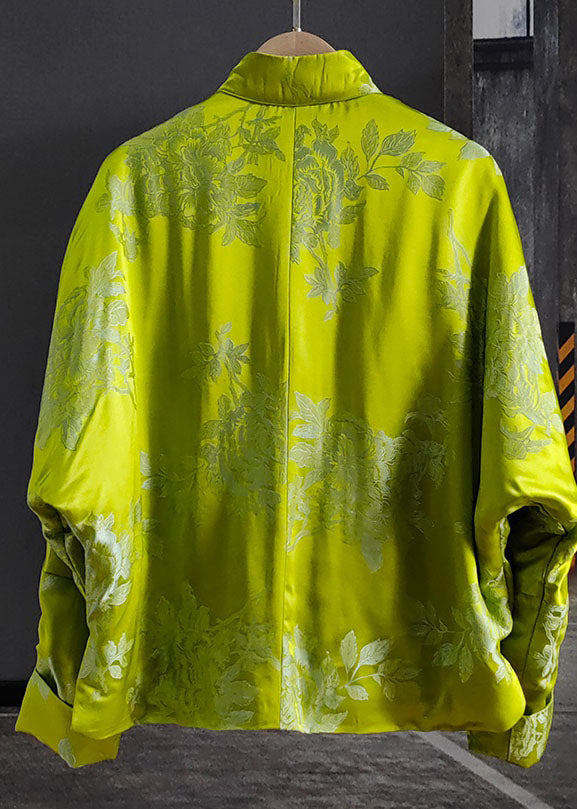 Fine Green Silk Jacquard Chinese Button Fine Cotton Filled Coats Winter