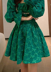 Fine Green Square Collar Embroideried Tunic Mid Dress Long Sleeve