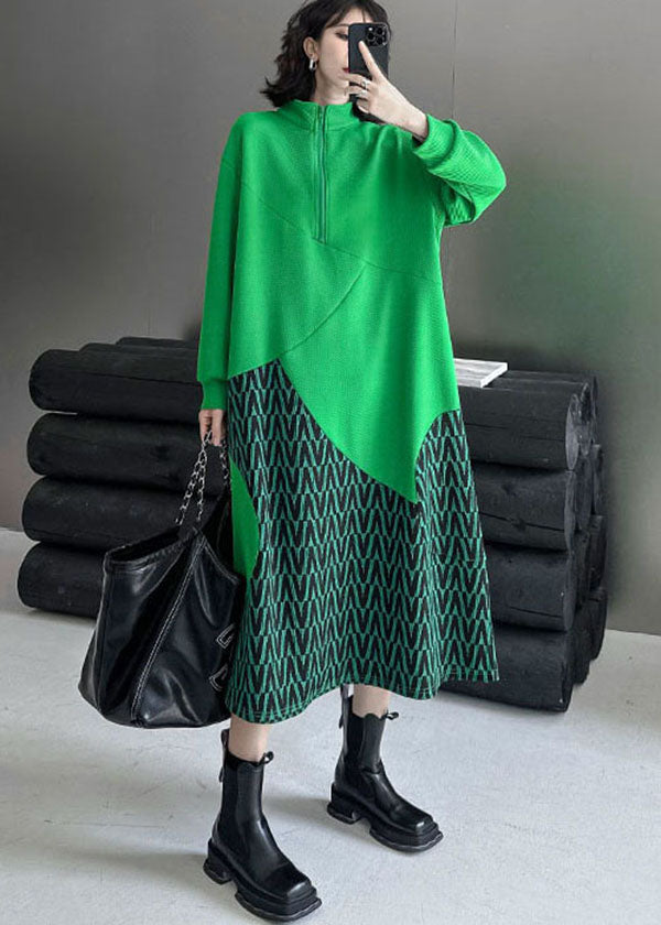 Fine Green Stand Collar Patchwork Print Cotton Sweatshirt Dress Spring