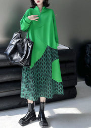 Fine Green Stand Collar Patchwork Print Cotton Sweatshirt Dress Spring