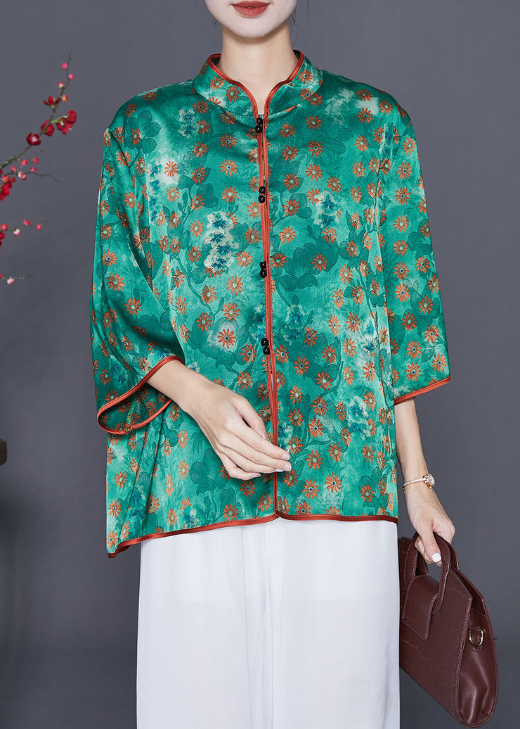 Fine Green Stand Collar Print Silk Shirts Summer