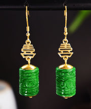 Fine Green Sterling Silver Overgild Dry Green Jade Drop Earrings