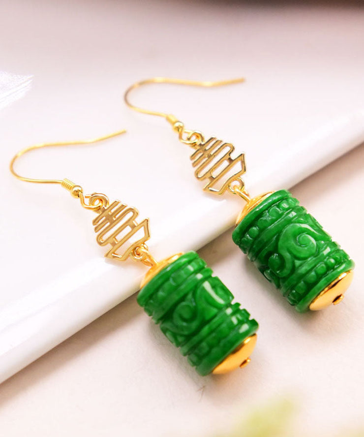 Fine Green Sterling Silver Overgild Dry Green Jade Drop Earrings