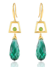 Fine Green Sterling Silver Overgild Inlaid Crystal Jade Drop Earrings