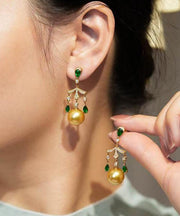 Fine Green Sterling Silver Overgild Zircon Pearl Tassel Drop Earrings