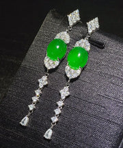 Fine Green Sterling Silver Zircon Jade Tassel Drop Earrings