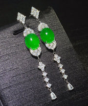 Fine Green Sterling Silver Zircon Jade Tassel Drop Earrings