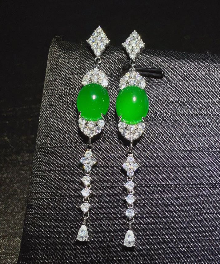 Fine Green Sterling Silver Zircon Jade Tassel Drop Earrings