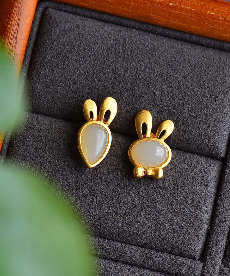 Fine Green Strerling Silver Overgild Jade Little Rabbit And Carrot Stud Earrings