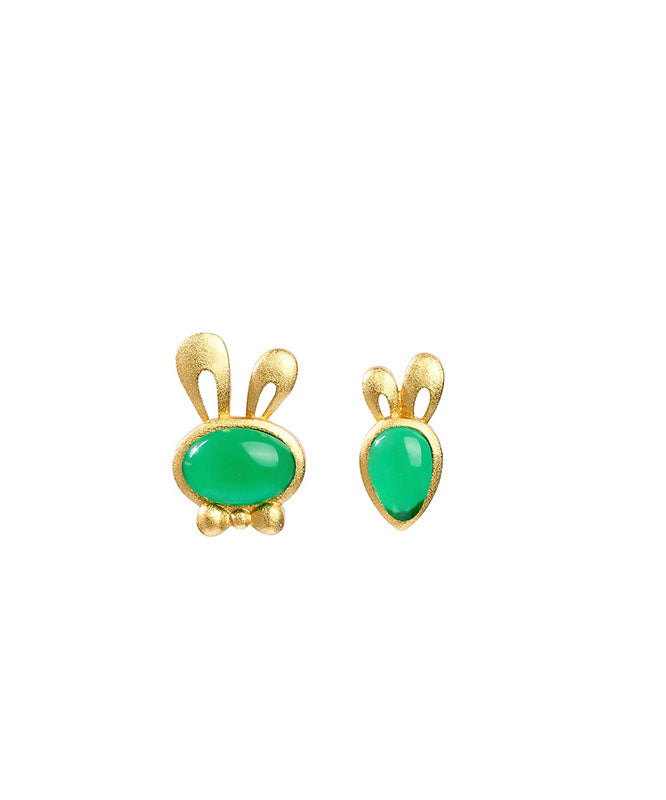 Fine Green Strerling Silver Overgild Jade Little Rabbit And Carrot Stud Earrings