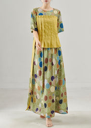 Fine Green Tie Waist Patchwork Linen Robe Dresses Summer