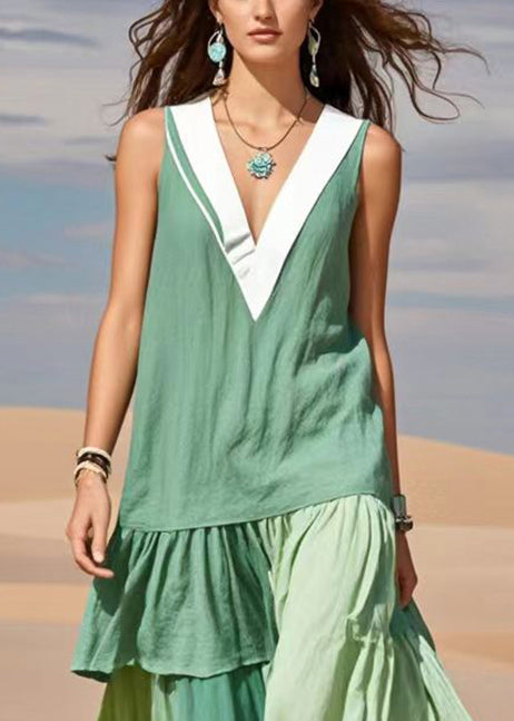 Fine Green V Neck Patchwork Cotton Day Dress Sleeveless