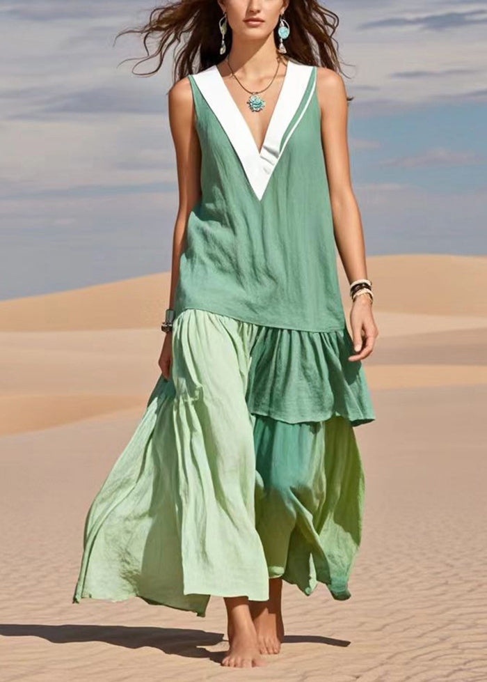 Fine Green V Neck Patchwork Cotton Day Dress Sleeveless