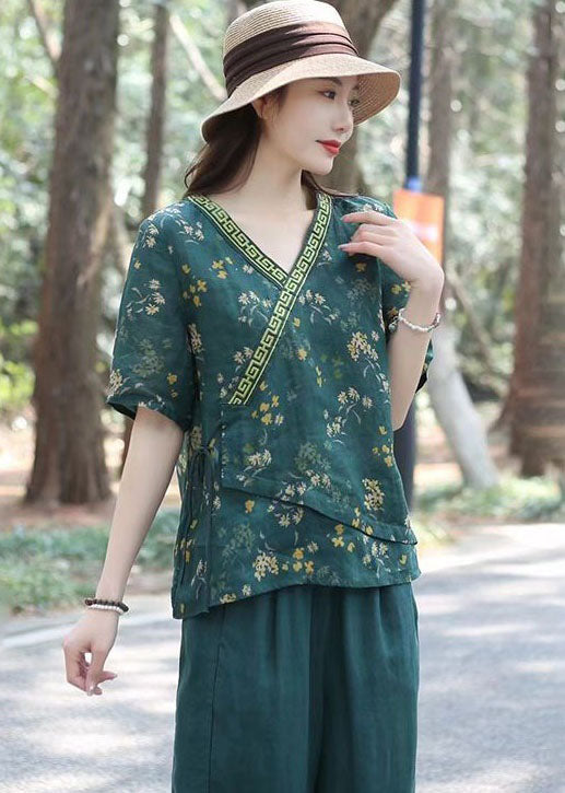 Fine Green V Neck Print Lace Up Patchwork Linen Top Summer