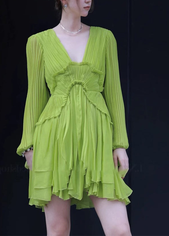 Fine Green V Neck Ruffled Patchwork Mid Dresses Spring