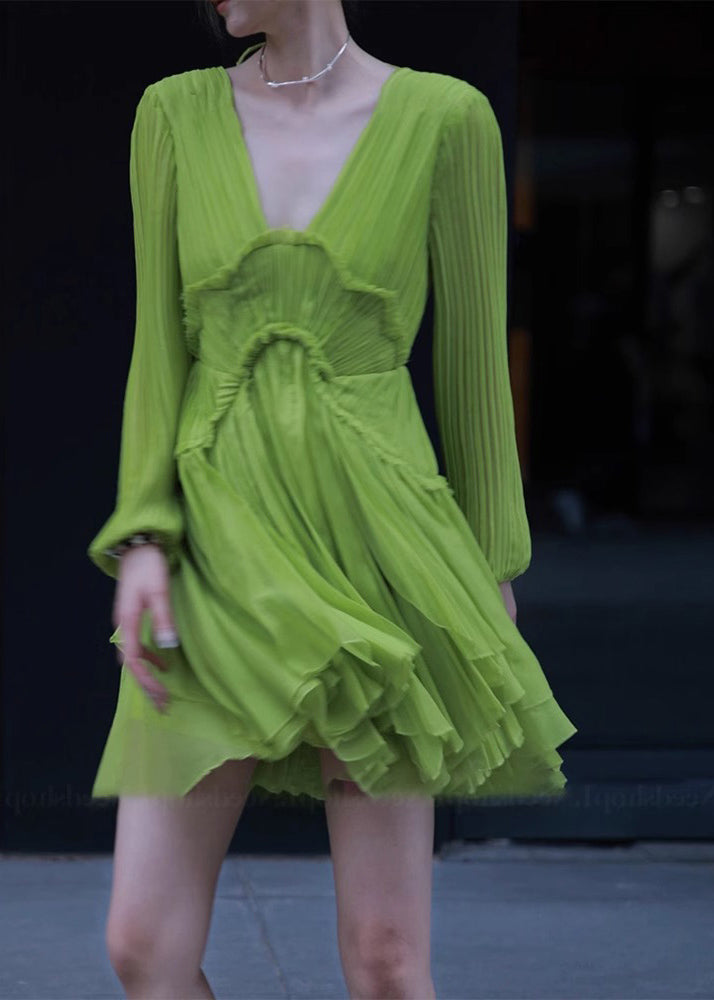 Fine Green V Neck Ruffled Patchwork Mid Dresses Spring