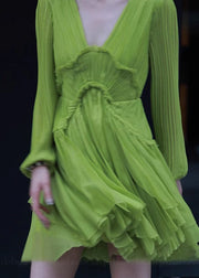 Fine Green V Neck Ruffled Patchwork Mid Dresses Spring