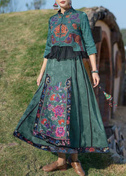 Fine Green Wrinkled Embroideried Pockets Patchwork Silk Skirt Summer