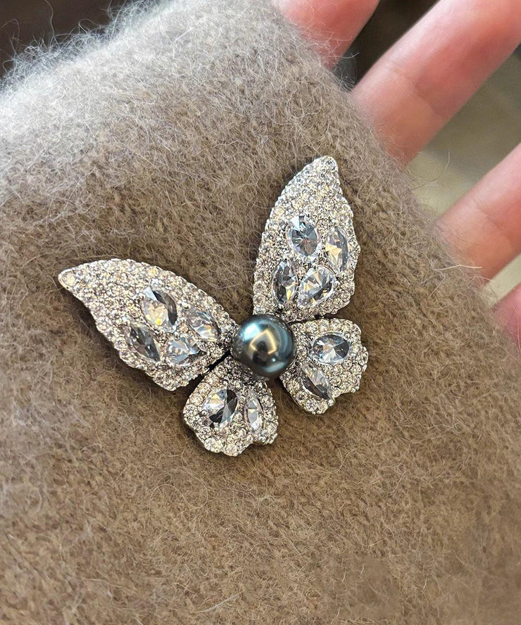 Fine Grey Alloy Zircon Butterfly Pearl Brooches