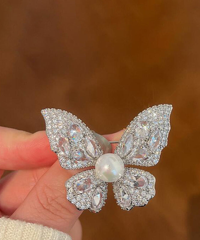 Fine Grey Alloy Zircon Butterfly Pearl Brooches