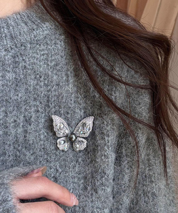 Fine Grey Alloy Zircon Butterfly Pearl Brooches