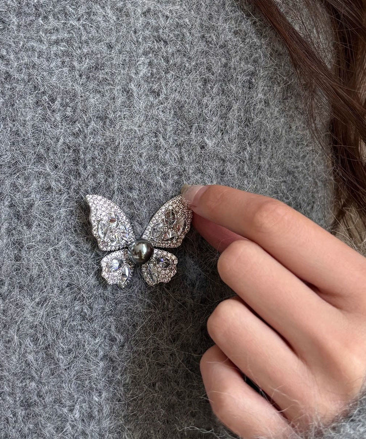 Fine Grey Alloy Zircon Butterfly Pearl Brooches