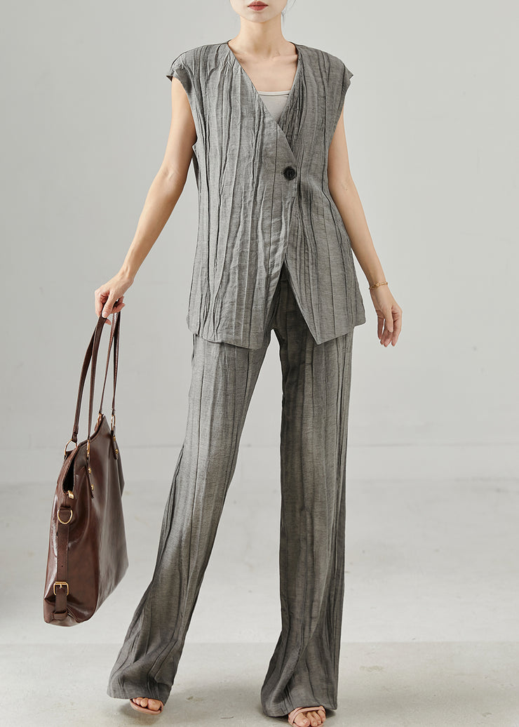 Fine Grey Asymmetrical Wrinkled Linen Two Piece Set Summer