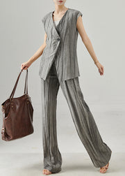 Fine Grey Asymmetrical Wrinkled Linen Two Piece Set Summer